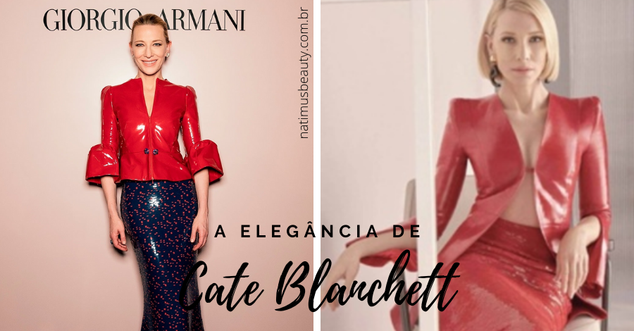 Cate Blancgett usa um lindo vestido de couro vermelho para Armani. Natimus Beauty Blog.