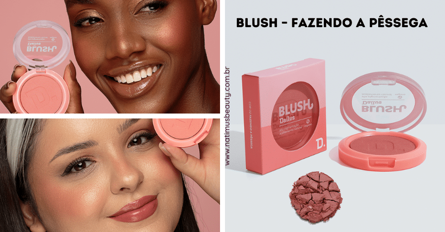 A cor Fazendo a Pêssega do novo blush Dailus é um rosa claro com partículas de brilho delicado, perfeito para peles claras e médias ou para iluminar peles escuras!