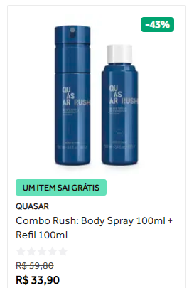 Combo Quasar Rush: Body Spray 100ml + Refil 100ml. Promoção O Boticário.