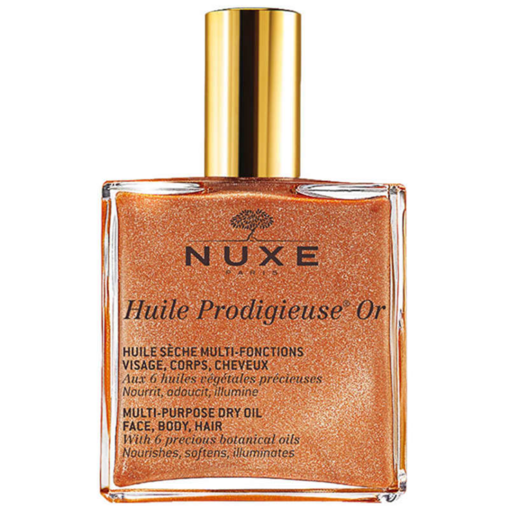 O óleo Hidratante Huile Prodigieuse OR da nuxe">Nuxe possui partículas madrepérolas. Um dos best-sellers da Nuxe, tem brilho dourado que ilumina a pele e o cabelo em um óleo sensual com efeito glamouroso.