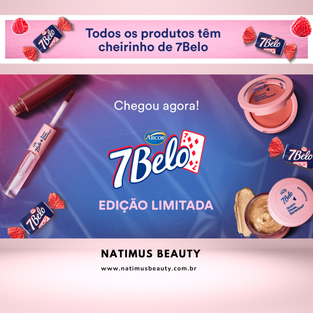 Linha QDB + 7 Belo com cheirinho de bons momentos! 3 produtos: blush, iluminador e batom duo gloss.