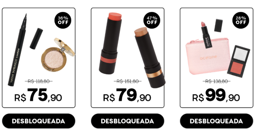 Black Friday Océane: Maquiagem e Skincare com até 80% OFF! Estará recheada de descontos incríveis, teremos: paletas de maquiagens, pincéis de maquiagem, esponjas de maquiagem, blush, gloss e muito mais!