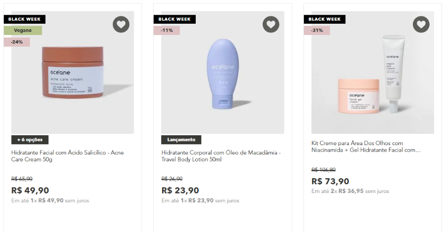 Hidratantes e séruns fácias, são diversas opções de rotinas em skincare na black friday da Océane.
