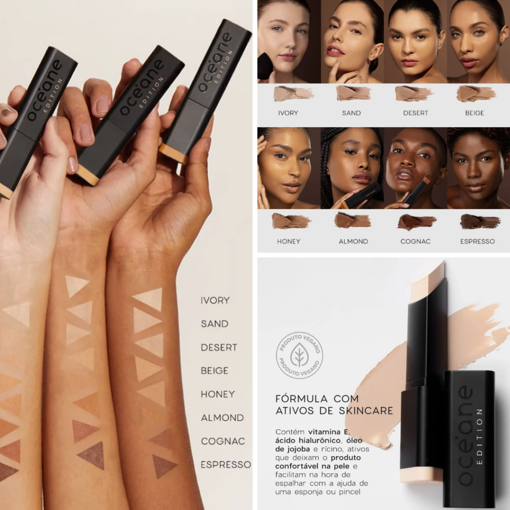 A Foundation Stick Océane é uma base em bastão com textura super macia, fácil de aplicar e esfumar, cobertura construível semi-matte.