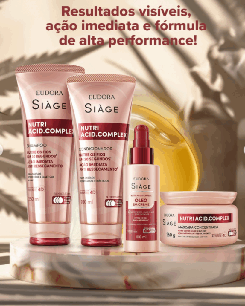 Siàge Nutri Acid.Complex é Composta por shampoo, condicionador, máscara e óleo em creme, ela traz uma combinação de óleos e ácidos poderosos que garantem uma nutrição profunda da fibra capilar em poucos minutos.