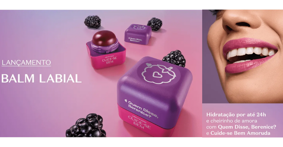 Balm Labial Quem Disse, Berenice?: o produto da nossa collab promove até 24h de hidratação, textura cremosinha e cheirinho de amora.