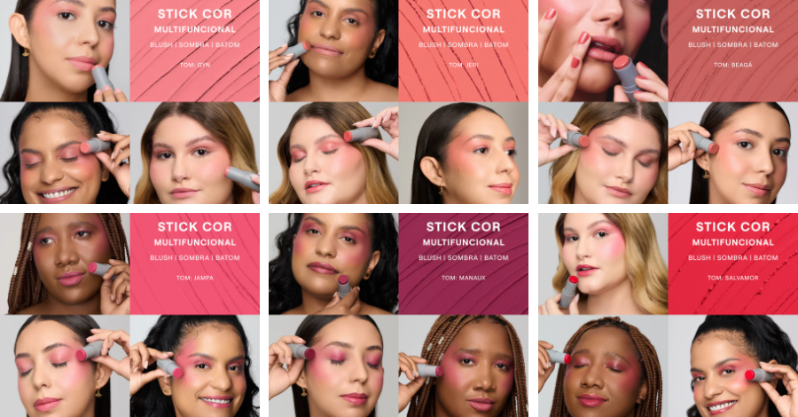 São 6 cores incríveis, incluindo uma totalmente inédita, que é a Salvamor, além de uma nova embalagem e, claro, muita praticidade — do jeitinho que a gente ama! O Stick Cor é 3 em 1: sombra, blush e batom em um só produto.