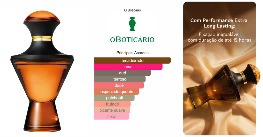 A fragrância de Hadiya O Boticário passeia por nuances frutadas, florais intensas e uma base amadeirada profunda.