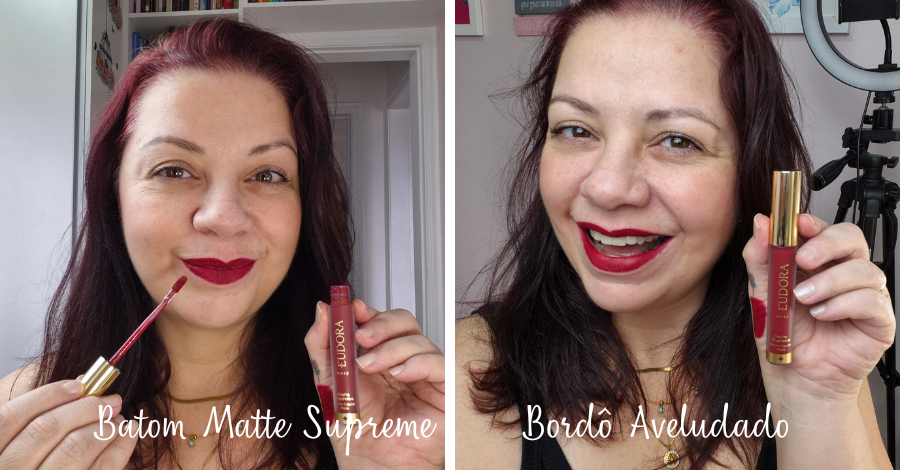 Testei o Batom Matte Supreme Eudora Bordô Aveludado e estou apaixonada.