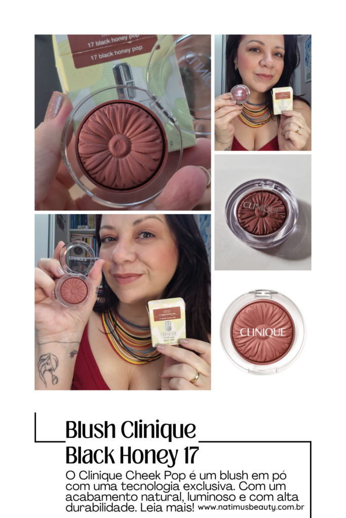Aplicação do blush Clinique Black Honey. Embalagem Clinique Cheek Pop 17.