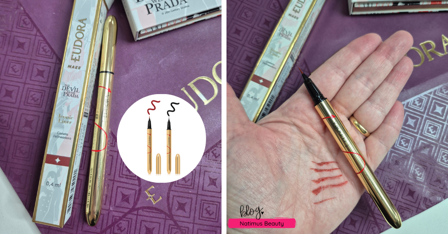 Caneta Delineadora Iconic Liner nas cores preta e bordô com ponta flexível.