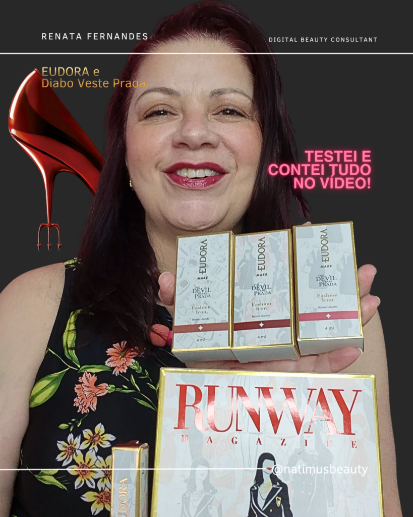 Eudora e Diabo Veste Prada é a nova aposta da maquiagem da marca em uma collab luxuosa. Você usaria uma maquiagem inspirada em um dos filmes mais icônicos da moda?